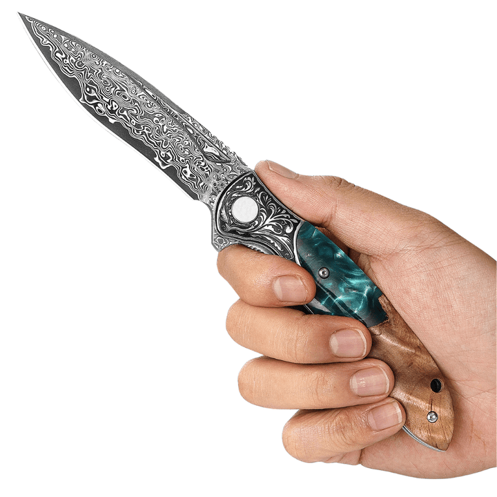 Helios Hunting Knife – Helios Japanese Damascus Pocket Knife VG-10 with Exotic Stabilized Olive Burl Wood Handle – shokuninusa