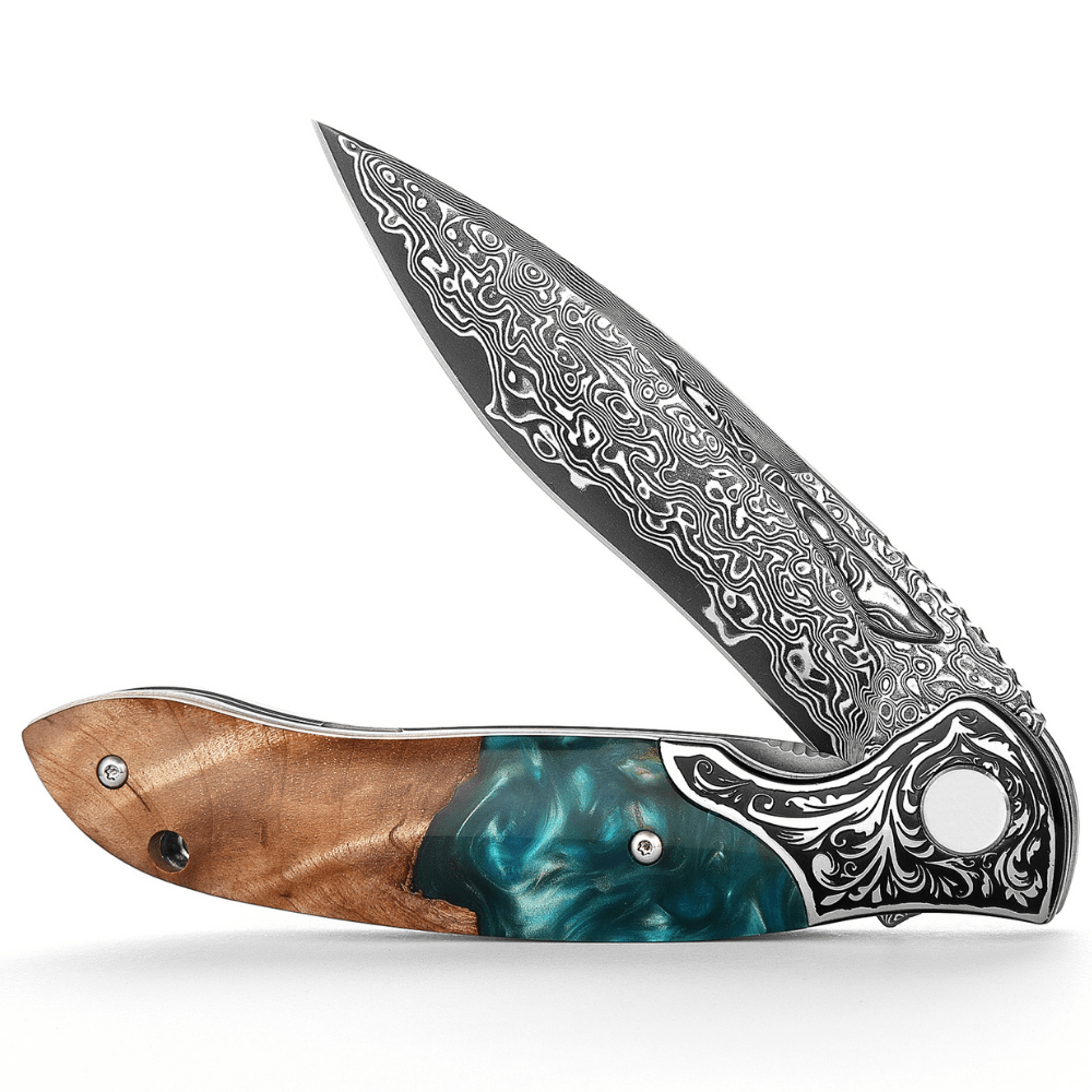 Helios Hunting Knives – Helios Japanese Damascus Pocket Knife VG-10 with Exotic Stabilized Olive Burl Wood Handle – shokuninusa