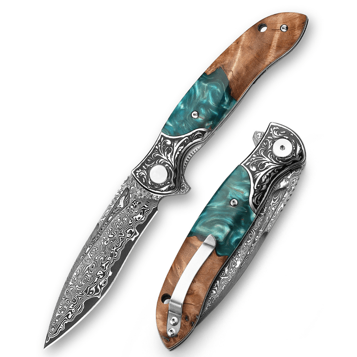 Custom EDC Knives – Helios Japanese Damascus Pocket Knife VG-10 with Exotic Stabilized Olive Burl Wood Handle – shokuninusa