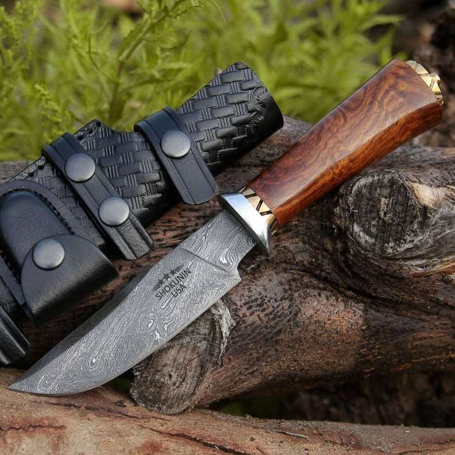 Holy Defender Damascus Hunting Knife with Exotic Rose Wood Handle - Shokunin USA