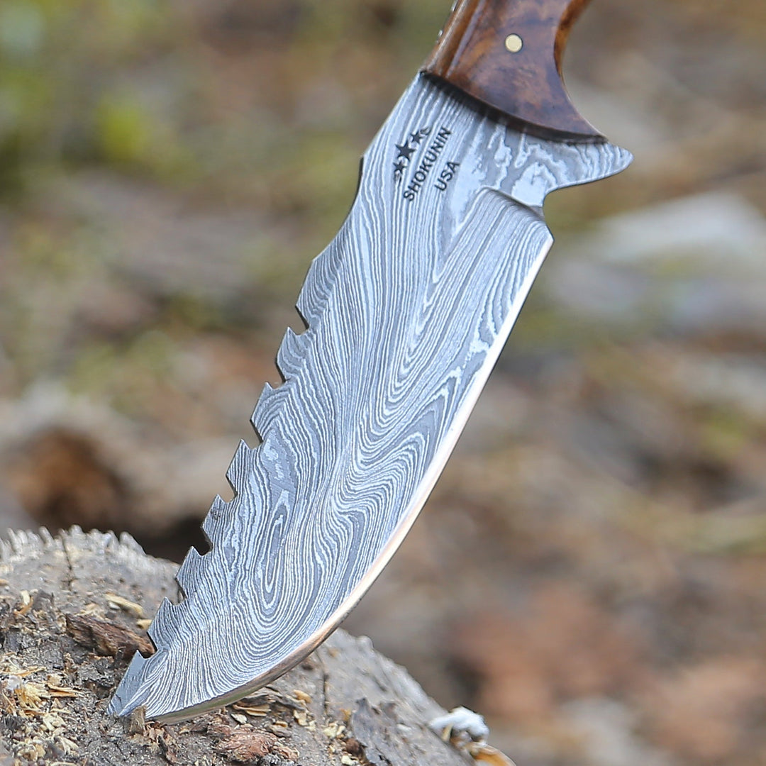 Damascus Knife - Ravager Handmade Damascus Knife with Mother of Pearl Resin &amp; Rosewood Handle - Shokunin USA