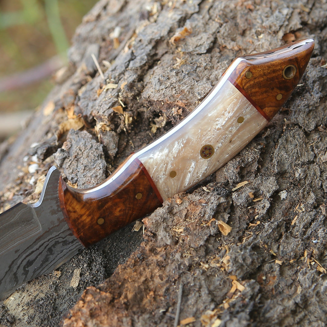 Damascus Knife - Ravager Handmade Damascus Knife with Mother of Pearl Resin &amp; Rosewood Handle - Shokunin USA