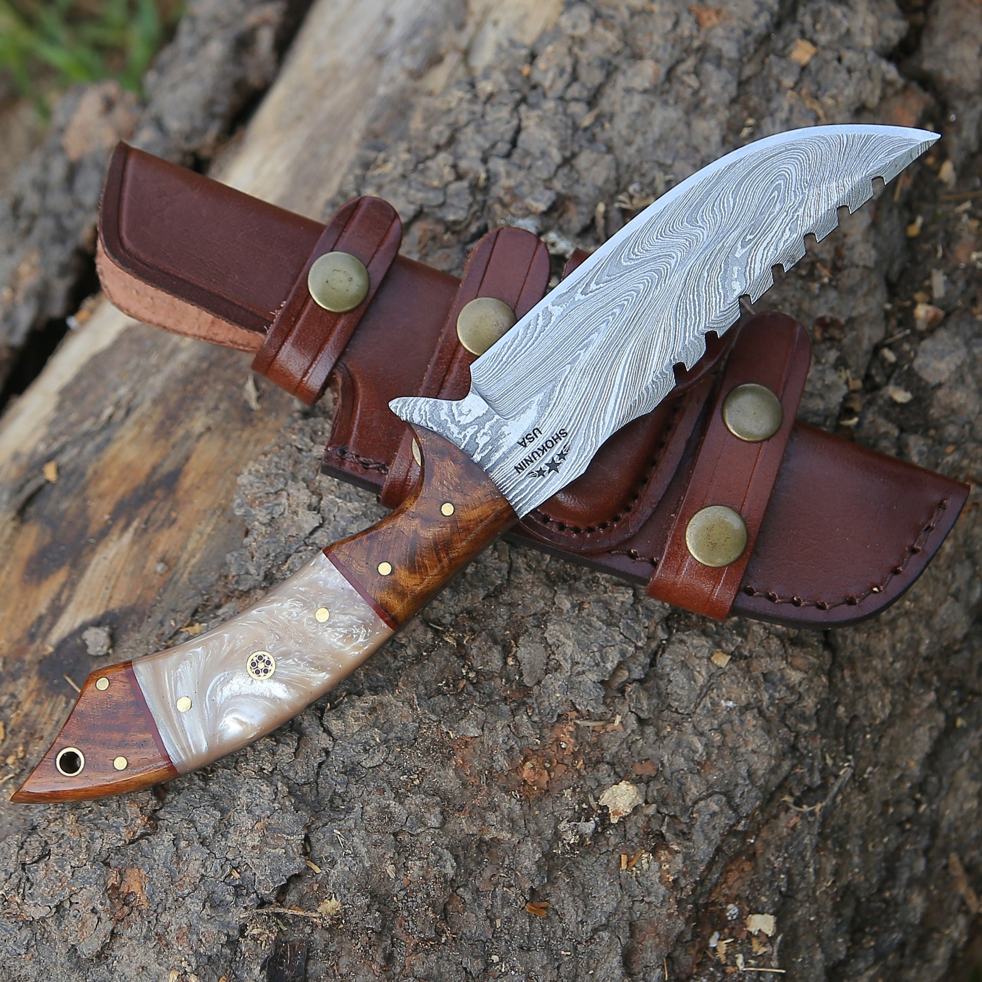 Damascus Knife - Ravager Handmade Damascus Knife with Mother of Pearl Resin & Rosewood Handle - Shokunin USA