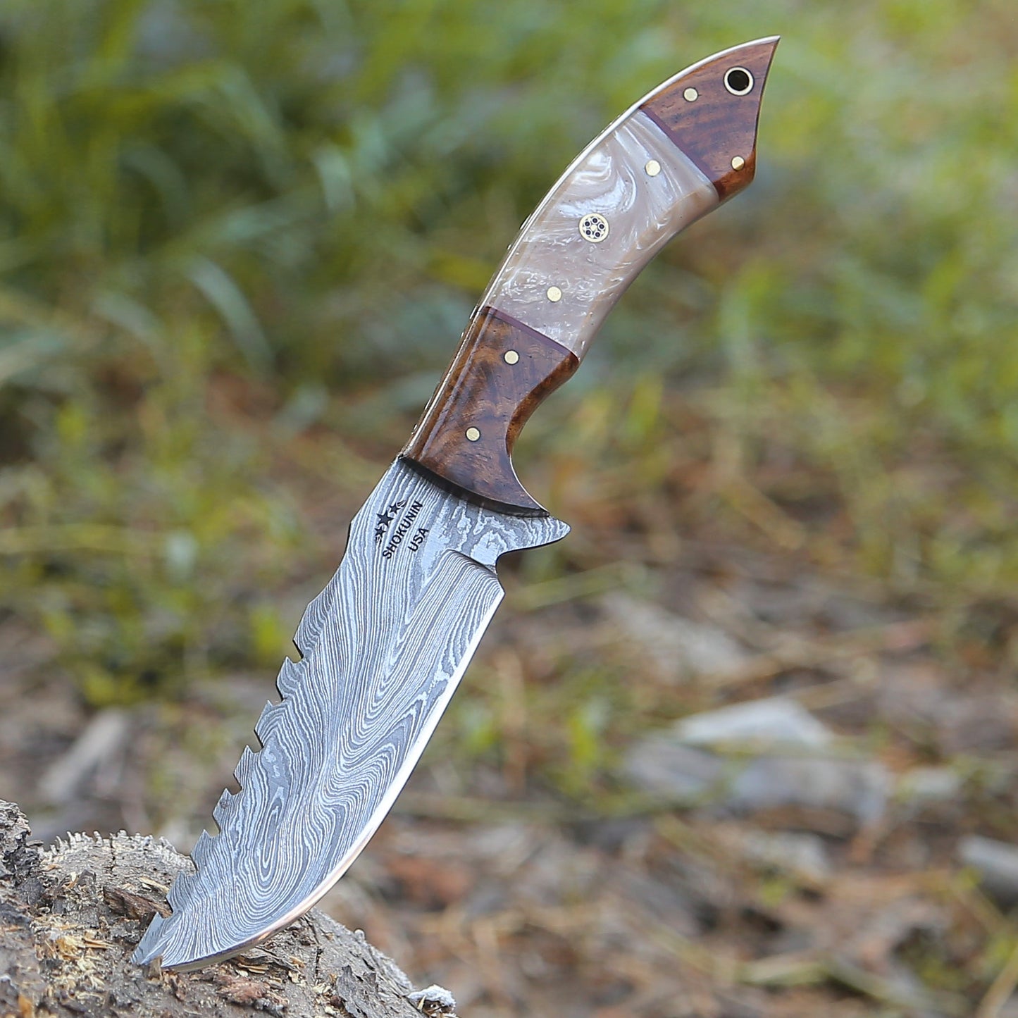 Damascus Knife - Ravager Handmade Damascus Knife with Mother of Pearl Resin & Rosewood Handle - Shokunin USA