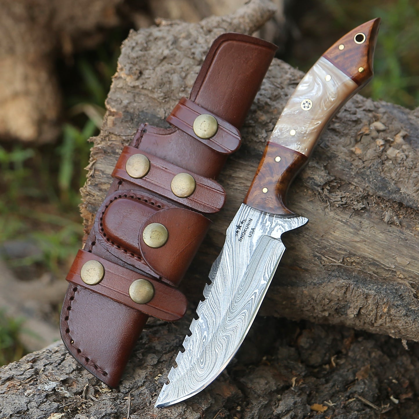 Damascus Knife - Ravager Handmade Damascus Knife with Mother of Pearl Resin & Rosewood Handle - Shokunin USA