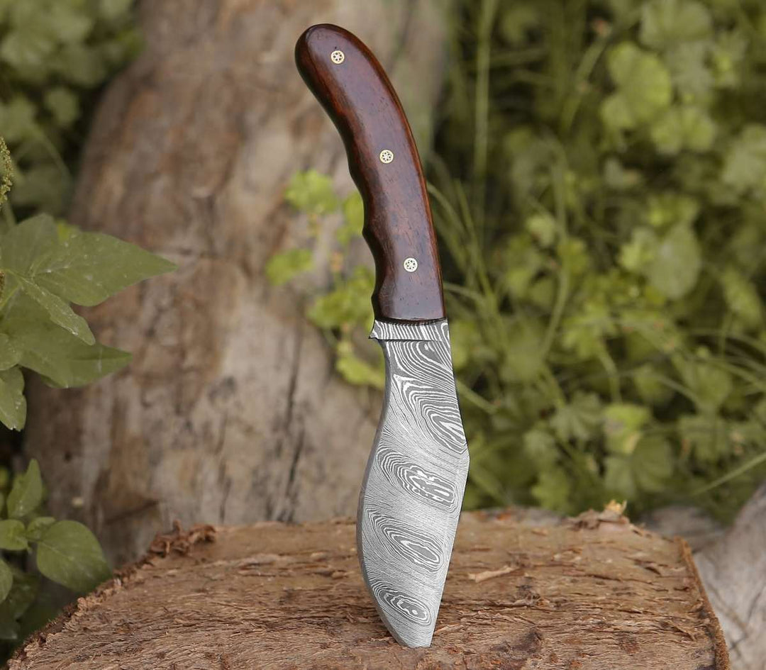 Huntsman Damascus Kukri Knife with Exotic Rose Wood Handle - Shokunin USA