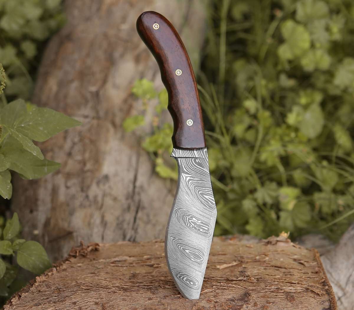 Hunting Knives - Huntsman Damascus Kukri Knife with Exotic Rose Wood Handle - Shokunin USA