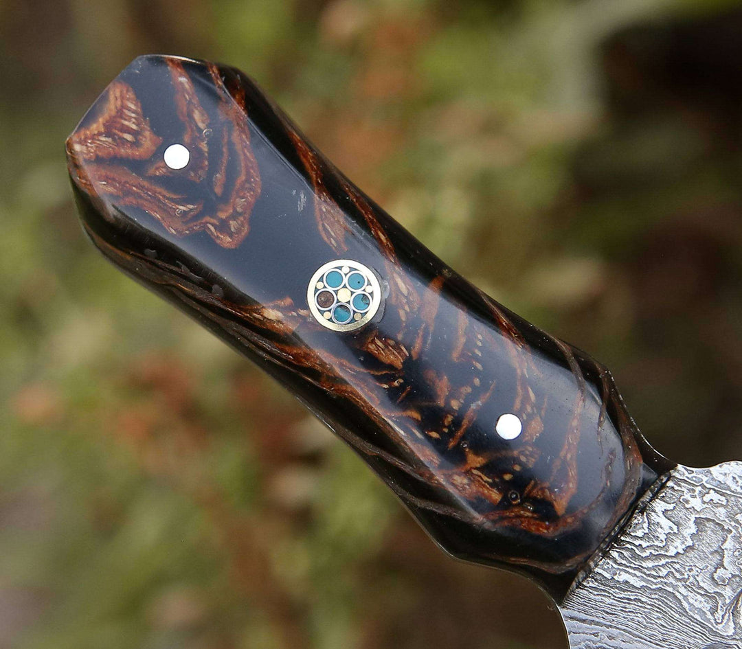 Toys &amp; Games - Ambush Damascus Fixed Blade Pocket Knife 6" with Pine Cone Handle &amp; Leather Sheath - Shokunin USA