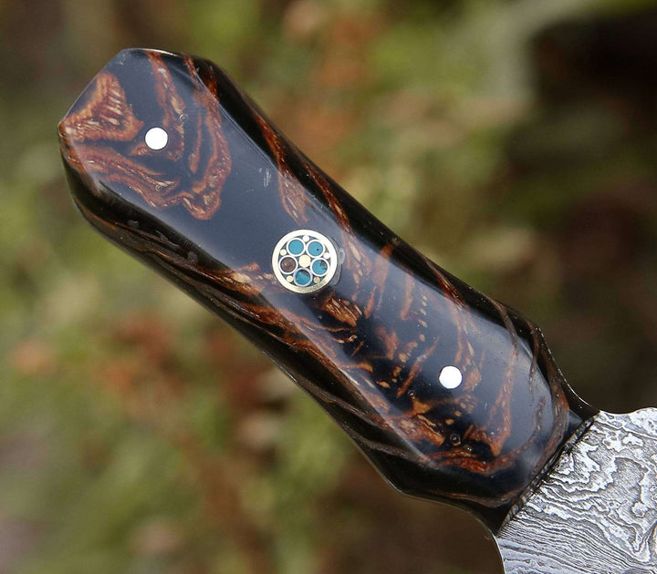 Toys &amp; Games - Ambush Damascus Fixed Blade Pocket Knife 6" with Pine Cone Handle &amp; Leather Sheath - Shokunin USA