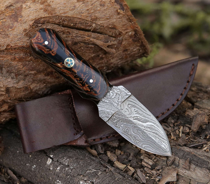 Toys &amp; Games - Ambush Damascus Fixed Blade Pocket Knife 6" with Pine Cone Handle &amp; Leather Sheath - Shokunin USA