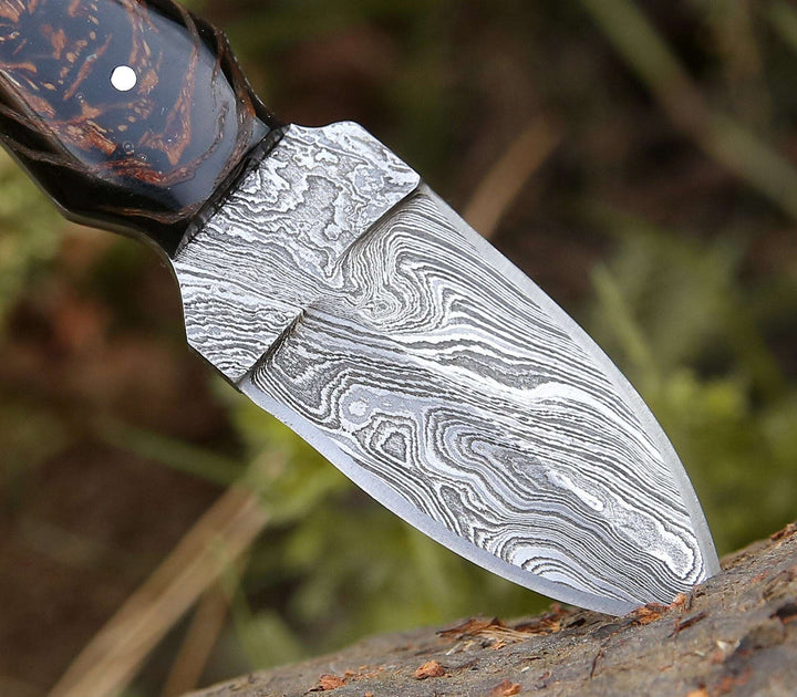 Toys &amp; Games - Ambush Damascus Fixed Blade Pocket Knife 6" with Pine Cone Handle &amp; Leather Sheath - Shokunin USA