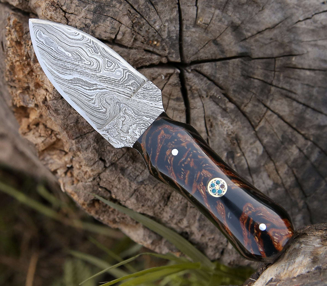 Toys &amp; Games - Ambush Damascus Fixed Blade Pocket Knife 6" with Pine Cone Handle &amp; Leather Sheath - Shokunin USA