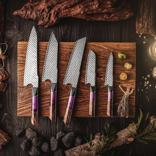 Chef Knife Set - Elite Series VG10 Damascus Knife Set with Exotic Burl Wood Handle - Shokunin USA