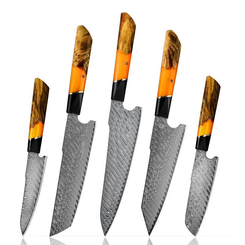 Chef Knife Set - Elite Series VG10 Damascus Knife Set with Exotic Burl Wood Handle - Shokunin USA