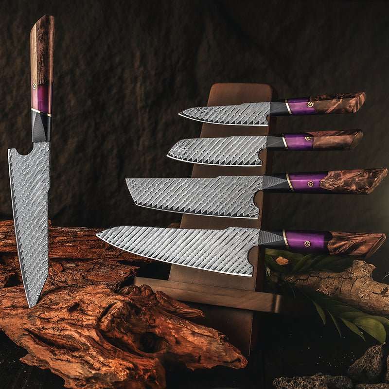 Chef Knife Set - Elite Series VG10 Damascus Knife Set with Exotic Burl Wood Handle - Shokunin USA