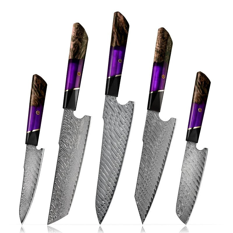 Chef Knife Set - Elite Series VG10 Damascus Knife Set with Exotic Burl Wood Handle - Shokunin USA