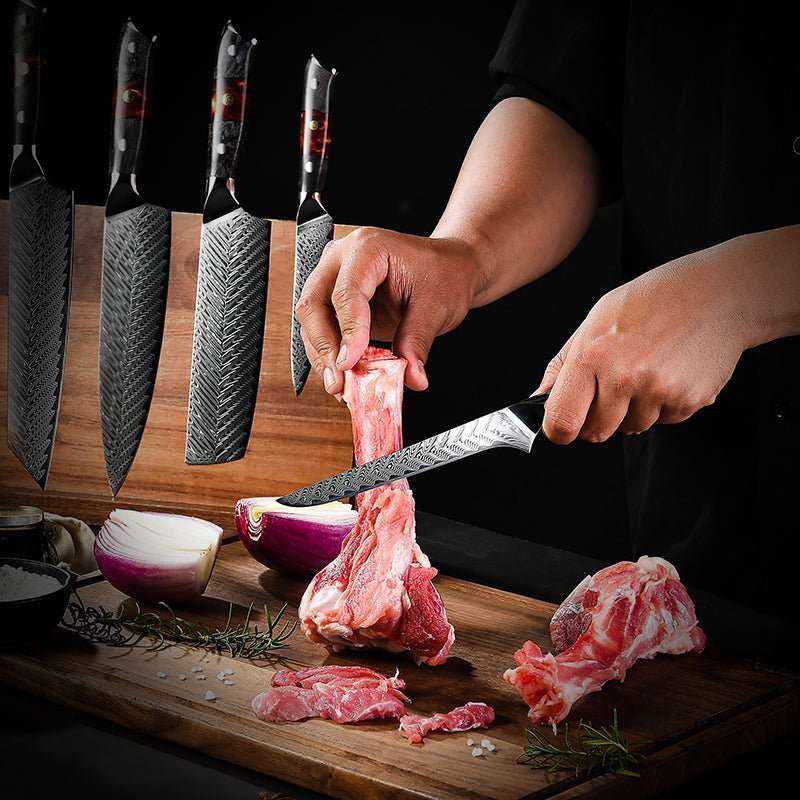 Supreme Pro Japanese Knife Set - 5-Piece, VG10 Damascus with Ebony Burl Wood Handle &amp; Sheath - Shokunin USA