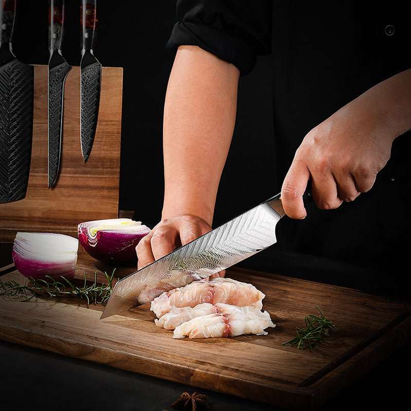 Supreme Pro Japanese Knife Set - 5-Piece, VG10 Damascus with Ebony Burl Wood Handle &amp; Sheath - Shokunin USA