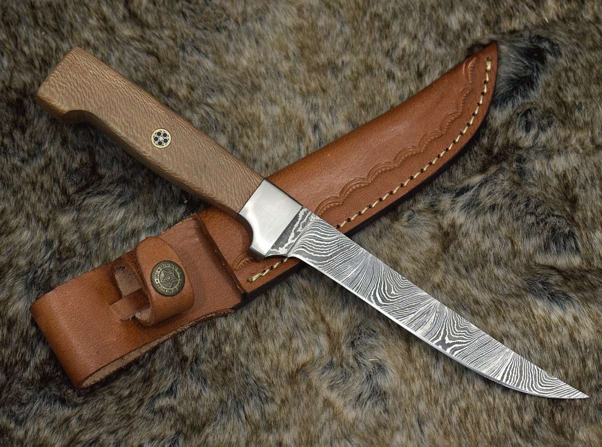 Fillet knife. - Monarch Damascus Fillet Knife with Leopard Wood Handle - Shokunin USA