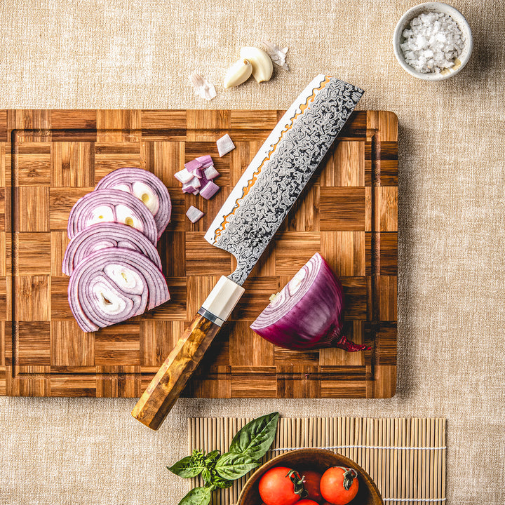 Chef knife - Raiden Handmade Copper Damascus Nakiri Knife with Exotic Rosewood Burl Composite Handle - Shokunin USA