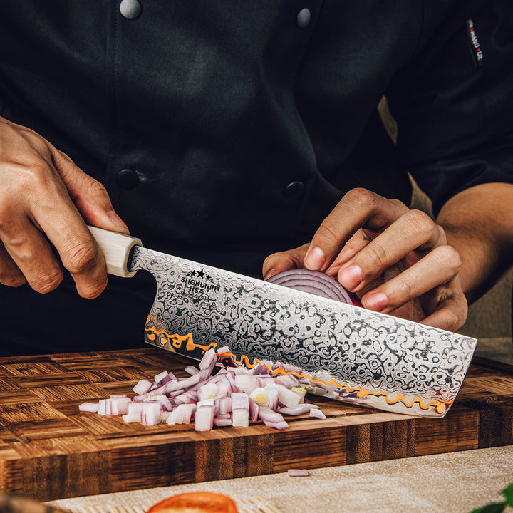 Chef knife - Raiden Handmade Copper Damascus Nakiri Knife with Exotic Rosewood Burl Composite Handle - Shokunin USA