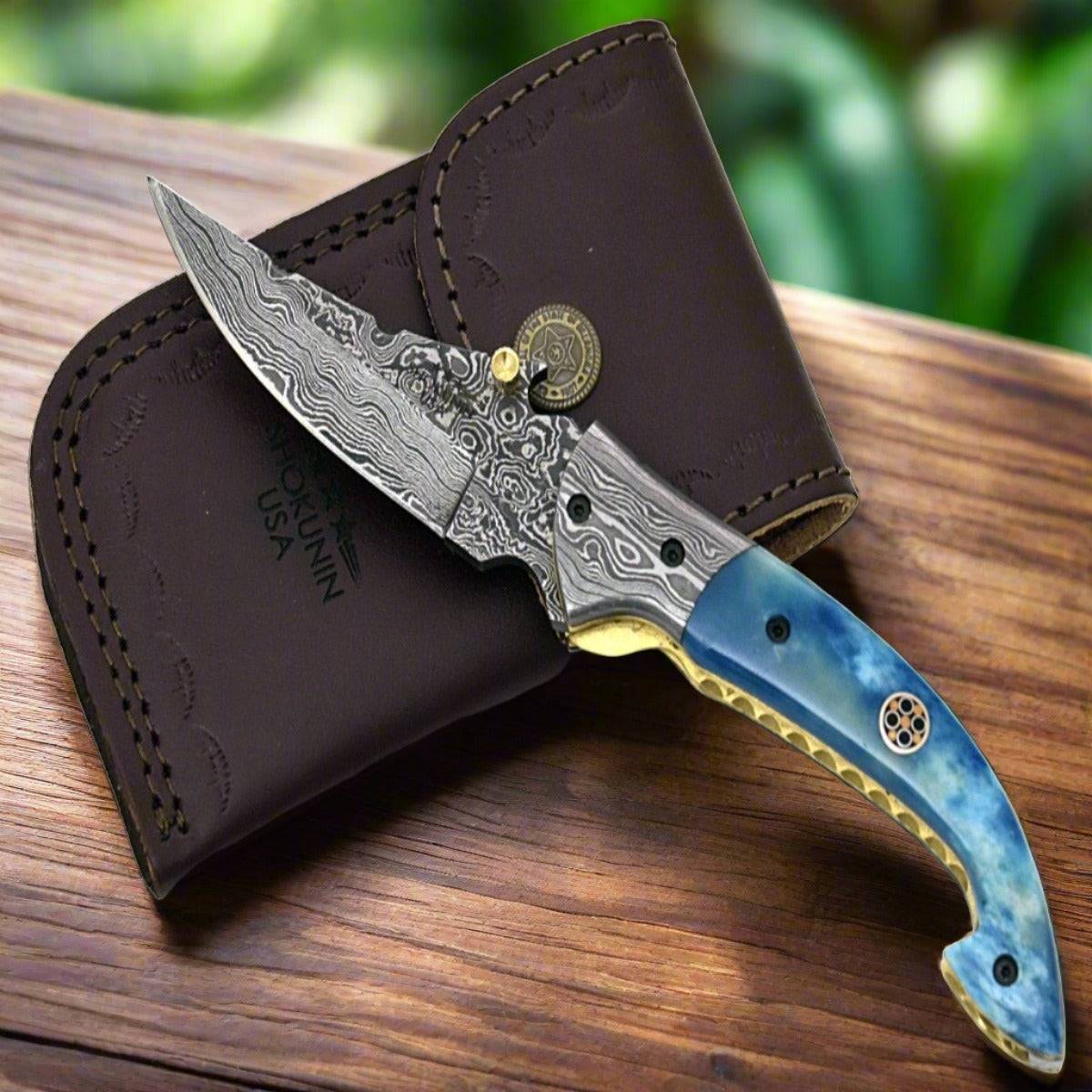 Folding Pocket Knife - Dionysus Gentleman's Pocket Knife with Bone Handle & Leather Sheath - Shokunin USA