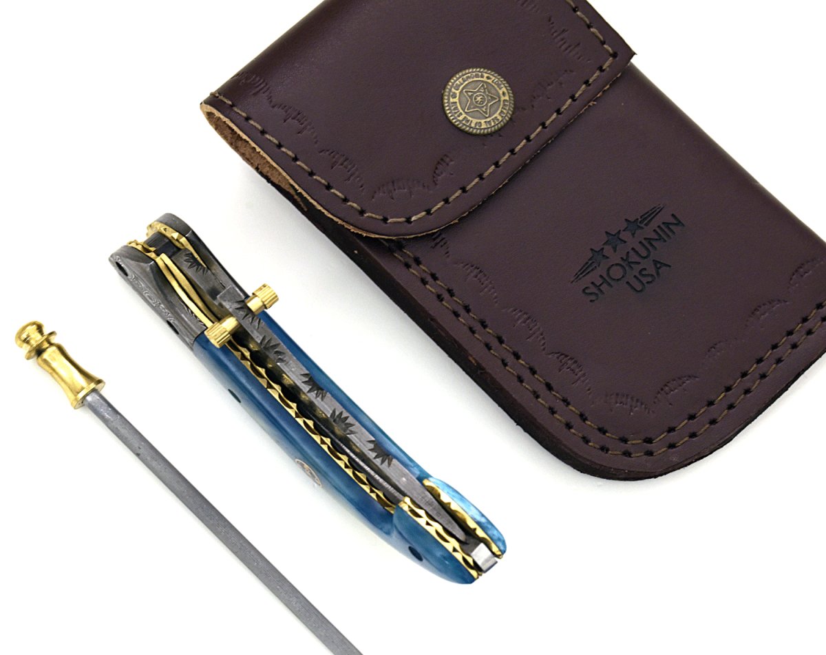 Folding Pocket Knife - Dionysus Gentleman's Pocket Knife with Bone Handle & Leather Sheath - Shokunin USA