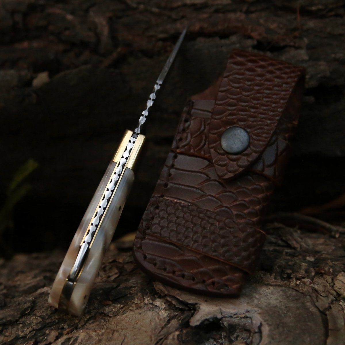 Utility Knife - Pinnacle Damascus Pocket Knife with Mother of Pearl Handle - Shokunin USA
