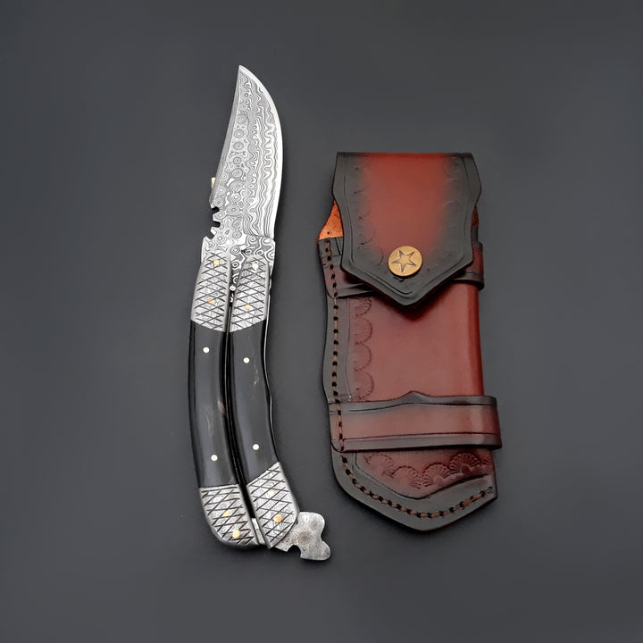 Lunar Damascus Butterfly Knife with Bull Horn Handle