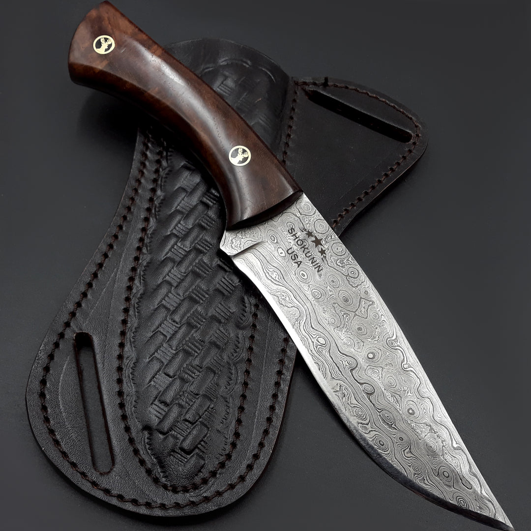 Bloodhound Handmade Damascus Steel Hunting Knife with Rosewood Handle &amp; Leather Sheath