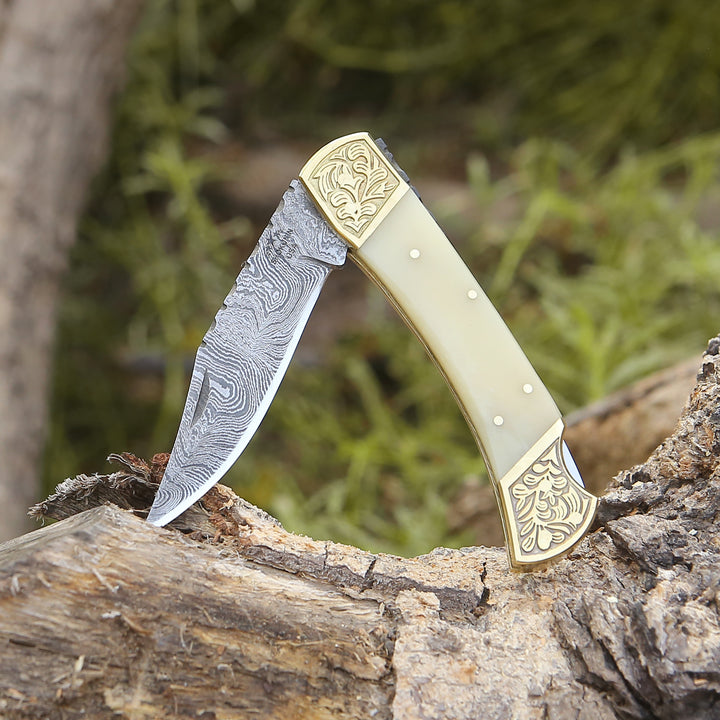 Stormedge Handmade Damascus EDC Pocket Knife with Leather Sheath &amp; Bone Handle