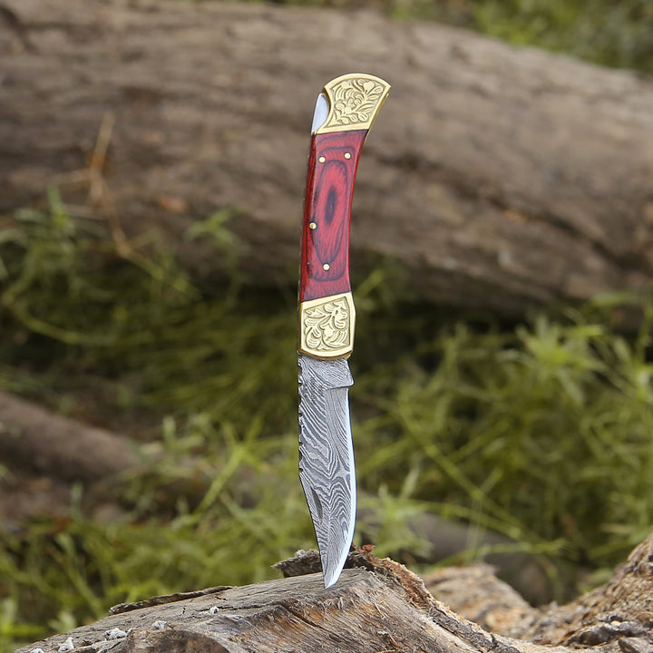 Edgefire Handmade Damascus EDC Utility Folding Knife with Leather Sheath &amp; Pakka wood