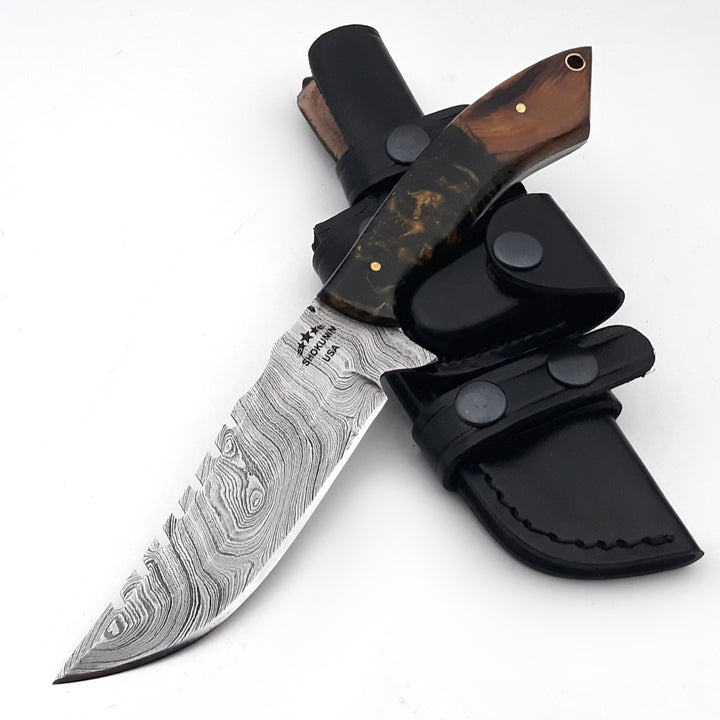 Morph Damascus Knife with Exotic Rose Wood &amp; Resin Handle
