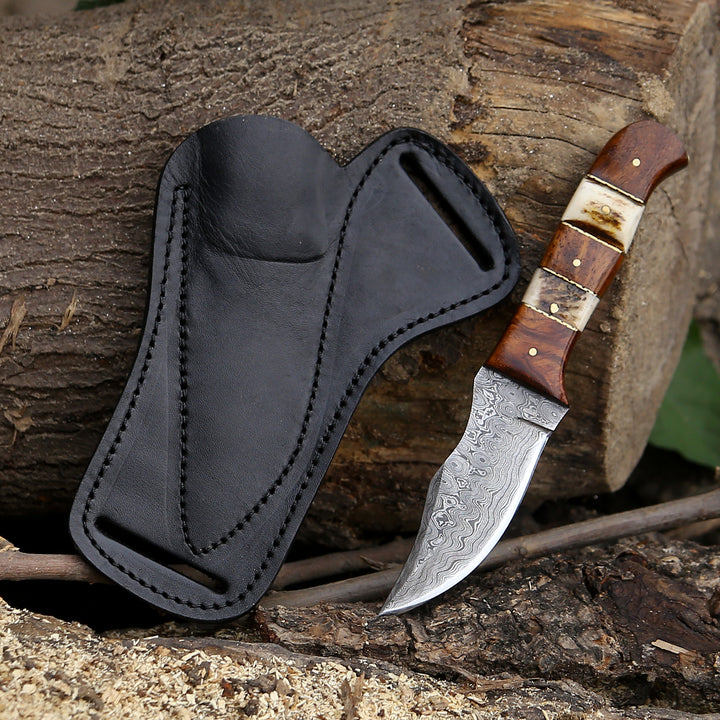 Mangler Damascus Hunting Knife with Rose Wood &amp; Stag Horn Handle
