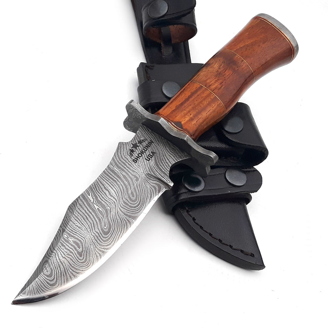 Hornet Custom Damascus Hunting Knife with Exotic Rose Wood Handle &amp; Sheath