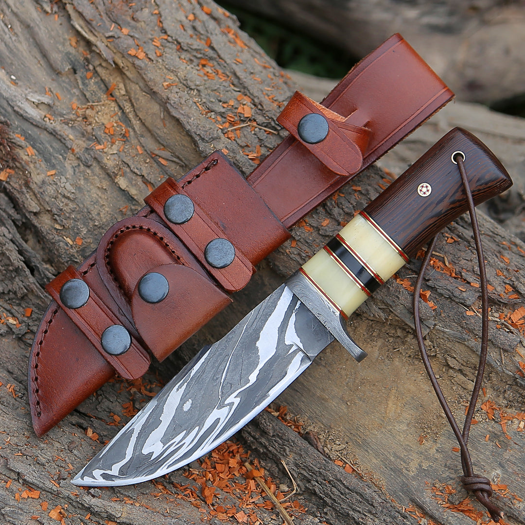 Nova Damascus Hunting Knife with Bone &amp; Exotic Wenge Wood Handle