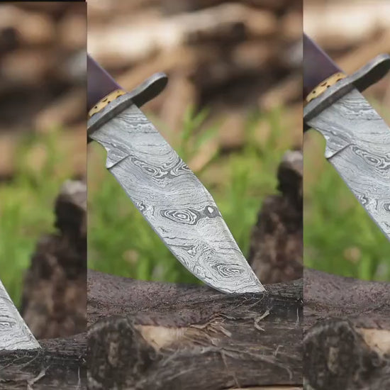CLASSIC BOWIE KNIFE Exotic Rose Wood Handle, hand carved brass spacers & Leather Sheath personalized hunting knife engraved gift