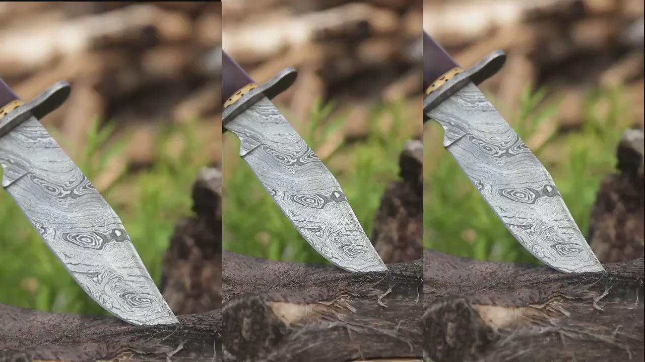 CLASSIC BOWIE KNIFE Exotic Rose Wood Handle, hand carved brass spacers & Leather Sheath personalized hunting knife engraved gift