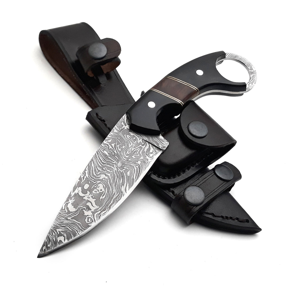 Shadow Damascus Knife with Horn &amp; Exotic Rose Wood Handle