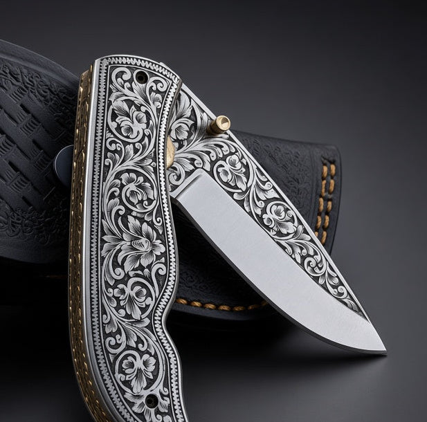 Outlaw Handmade Pocket Knife with Engraved Steel Handle