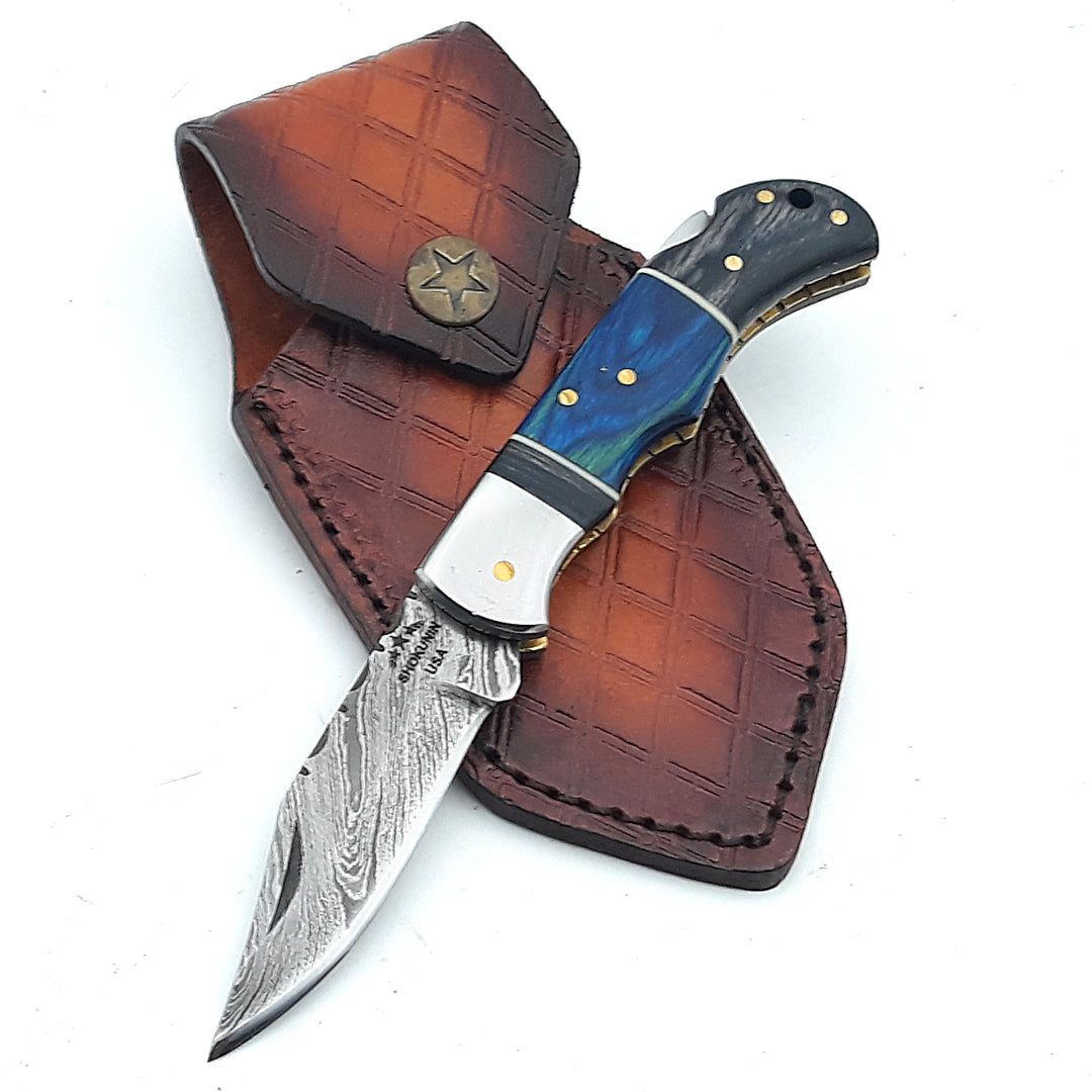 Bluesteel Damascus Folding Hunting Knife with Pakkawood Handle