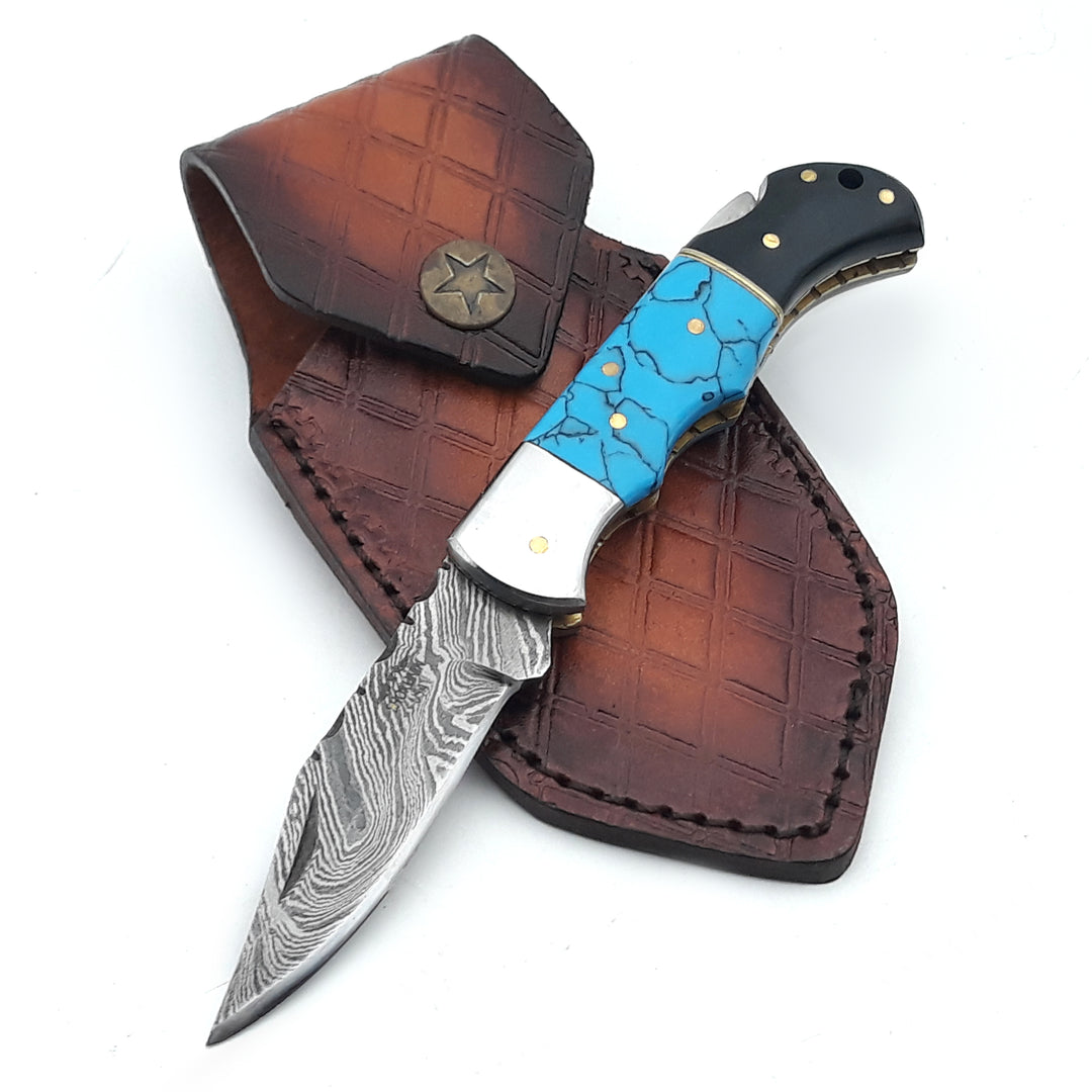 Phoenix Pocket Knife with Turrquoise &amp; Bull Horn Handle