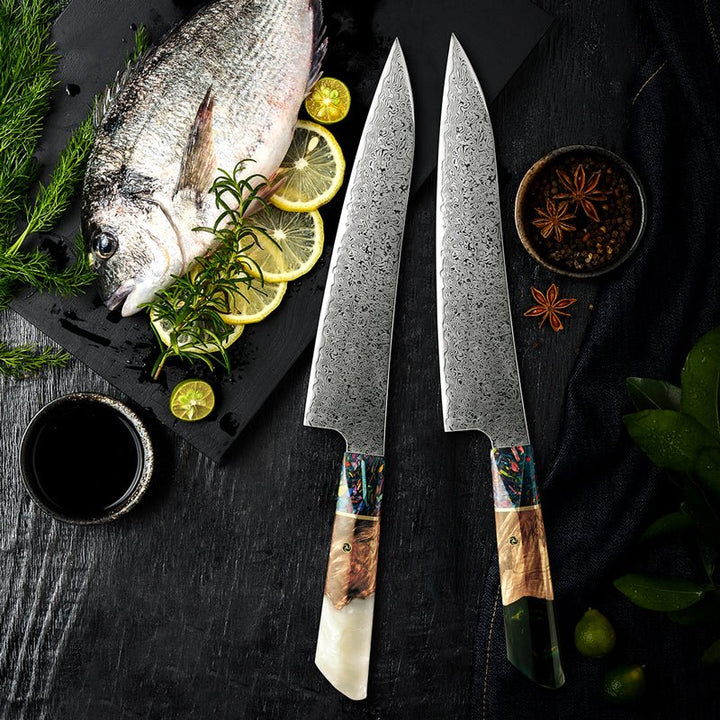 custom made Japanese chef knives - Pristine VG10 Damascus Chef Knife with Olive Burl Wood Handle - Shokunin USA