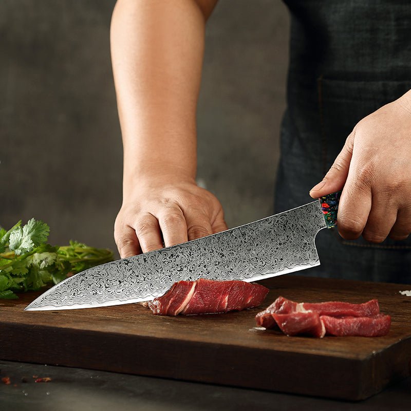 Chef Knife - Pristine Japanese VG10 Damascus Chef Knife with Olive Burl Wood Handle - Shokunin USA