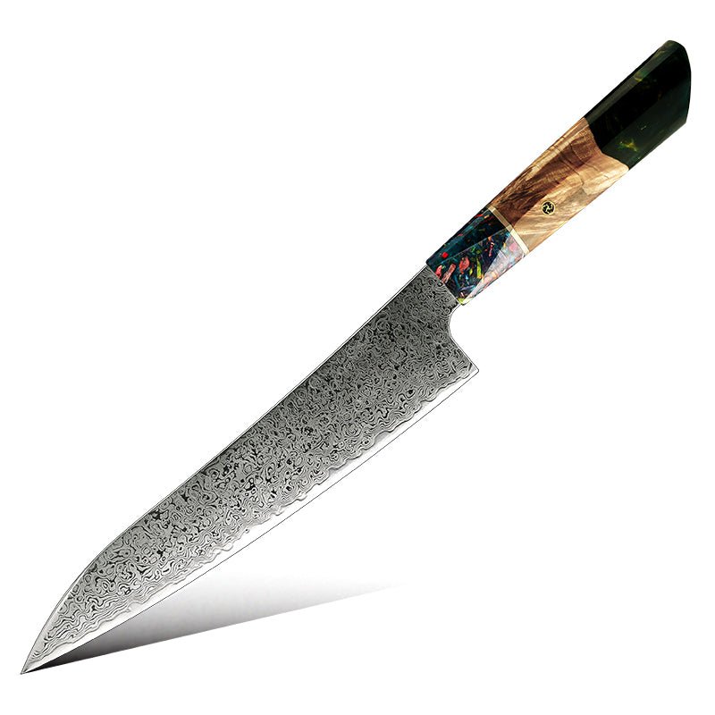 Chef Knife - Pristine Japanese VG10 Damascus Chef Knife with Olive Burl Wood Handle - Shokunin USA