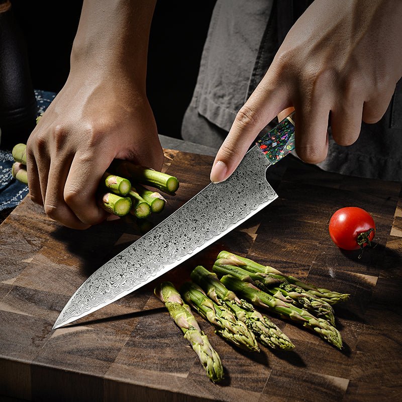 modern Japanese chef knives - Pristine VG10 Damascus Chef Knife with Olive Burl Wood Handle - Shokunin USA