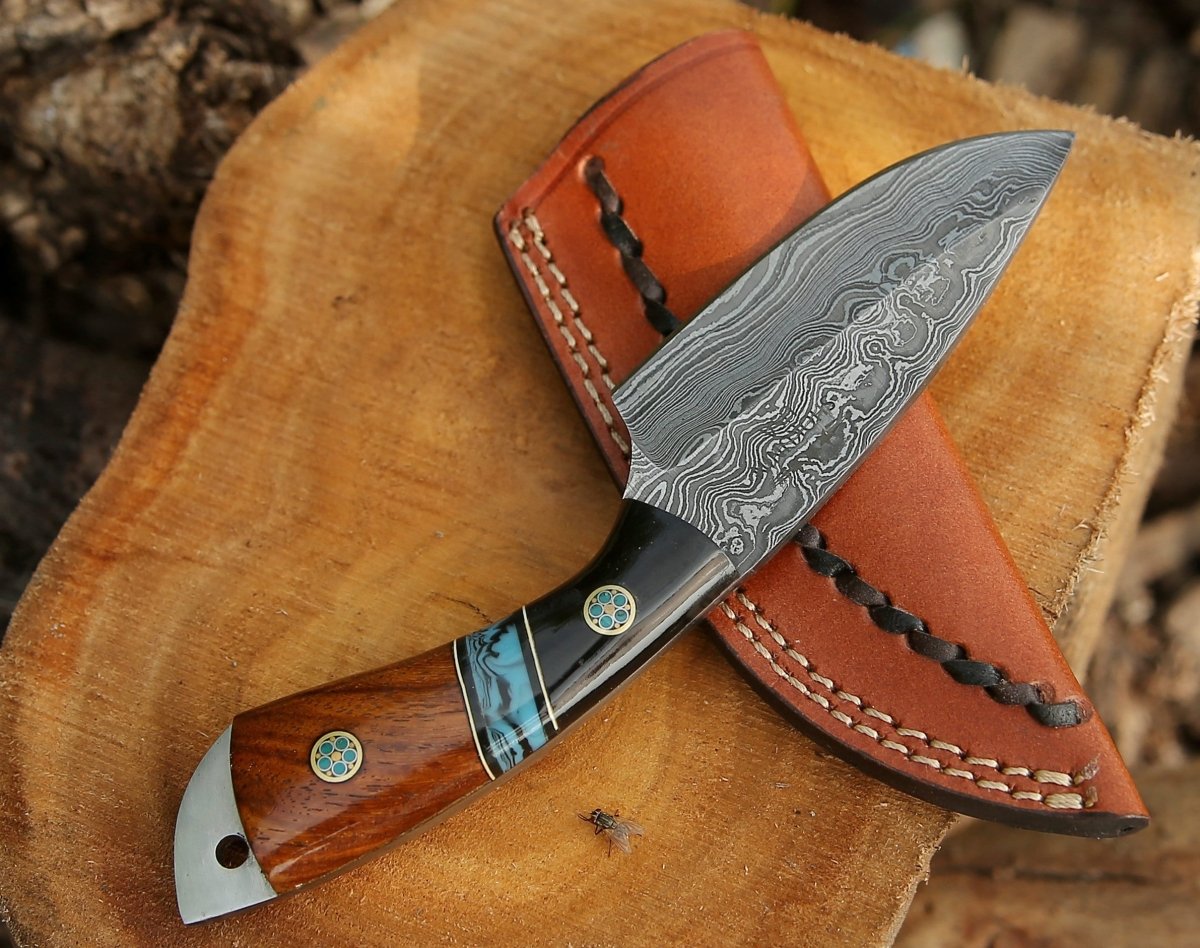 Rift Damascus Skinning Knife with Exotic Rosewood & Resin Handle - Shokunin USA