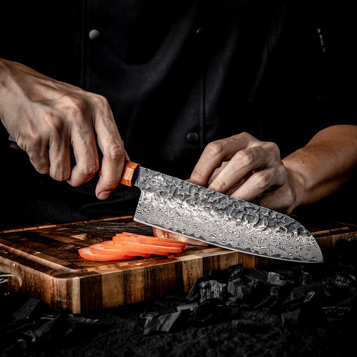 Chef knife - Sterling VG10 Damascus Santoku Knife with Exotic Ebony Wood Composite Handle - Shokunin USA