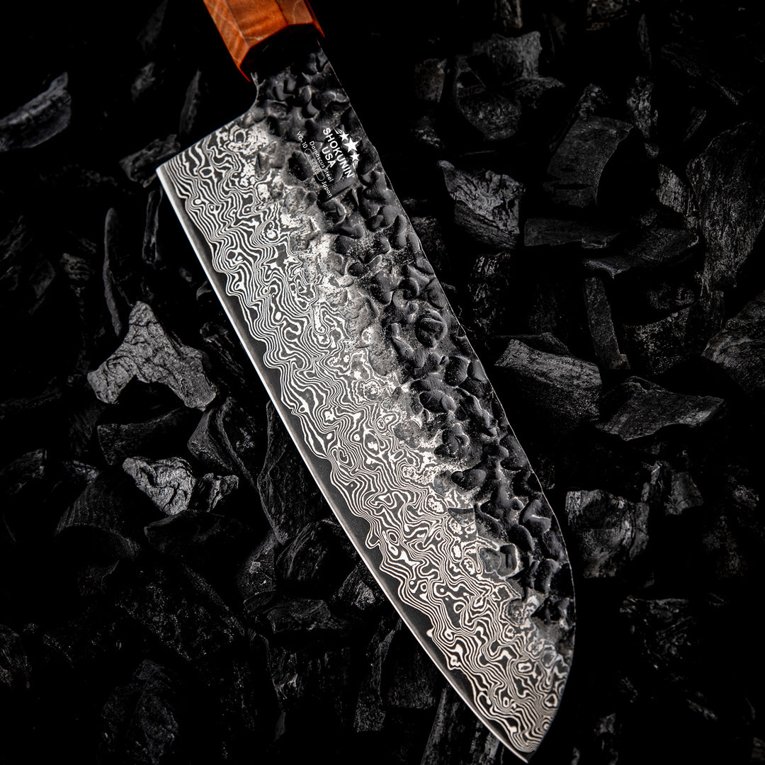 Chef knife - Sterling VG10 Damascus Santoku Knife with Exotic Ebony Wood Composite Handle - Shokunin USA