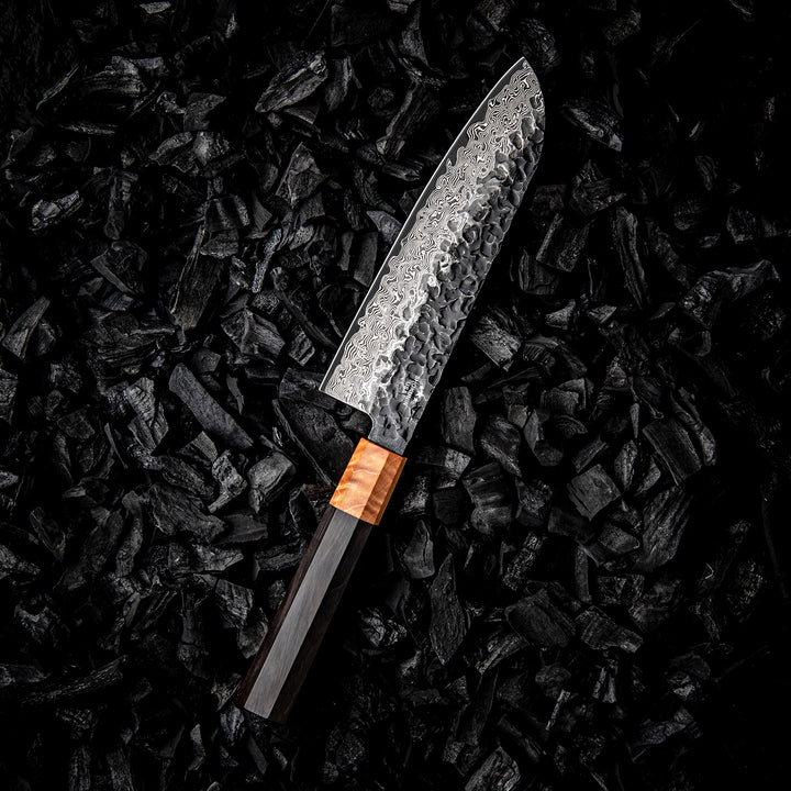 Chef knife - Sterling VG10 Damascus Santoku Knife with Exotic Ebony Wood Composite Handle - Shokunin USA